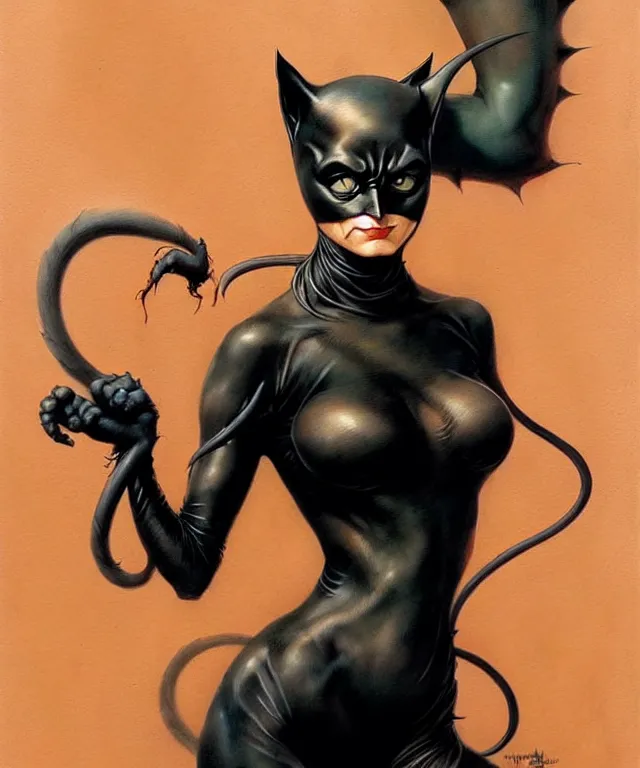 Image similar to cat woman from batman in the style of peter mohrbacher, wayne barlowe, gustav moreau, bussiere, roberto ferri, santiago caruso, luis ricardo falero, austin osman spare, boris vallejo, hajime sorayama, dali