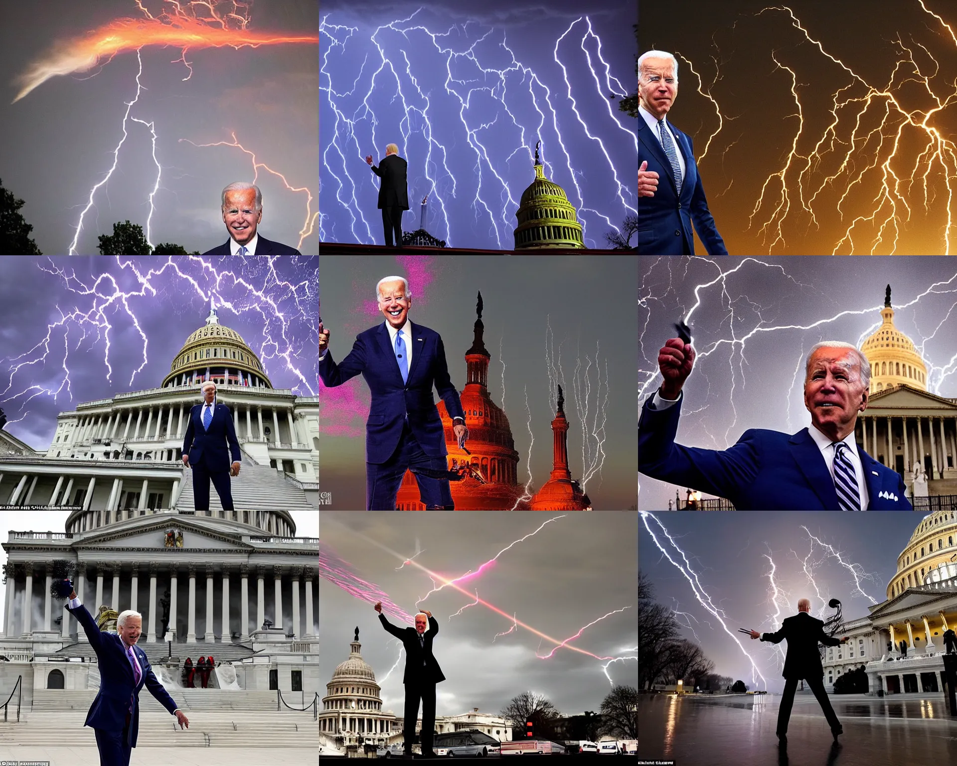 Prompt: Joe Biden in front of the U.S Capitol shooting lightning bolts from his fingertips, evil, chaos, ornate, horror, detailed, bloodborne, colorful
