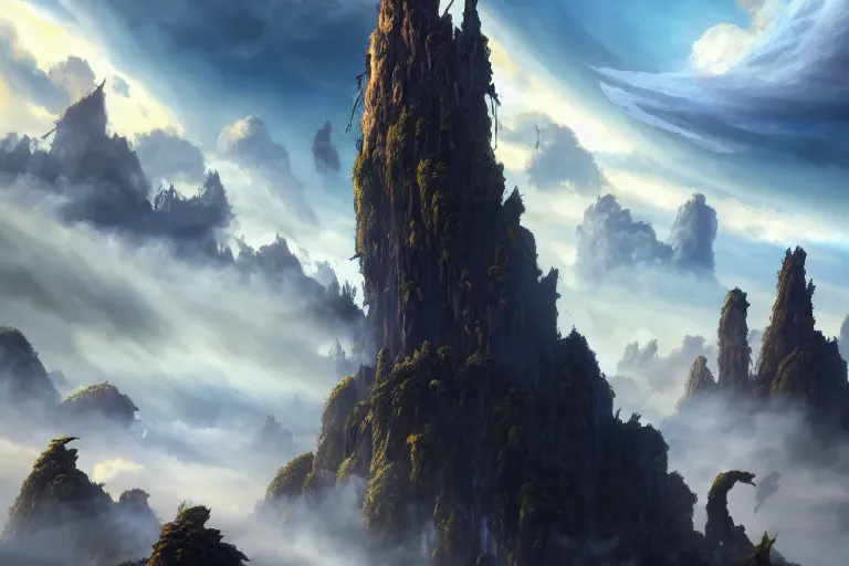 Image similar to great big giants slashing the drop of a clouds from sky. fantasy, highlight scene of the movie, high quality, highly detailed 8 k, unreal engine 5, scene of myth, art by hiroaki samura and jiro matsumoto and yao wang from artstation