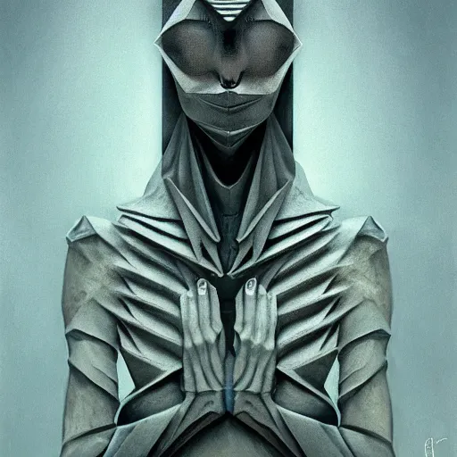 Prompt: 3 / 4 view of an origami alien, eye - level medium shot, elegant, by h. r. giger, by esao andrews, by eiko ishioka, centered, high depth of field, origami, rich volumetric light, 3 d oil painting, smooth, concept art, japanese, reallusion character creator, depth perception, 4 k, deviantart