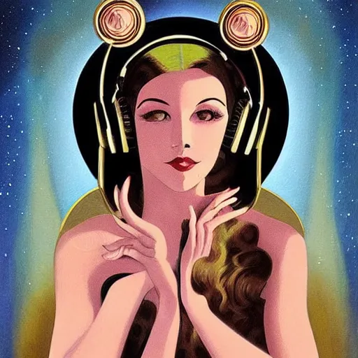 Image similar to intricate, amazing, art deco, retro vintage and romanticism, painting by march hares, soft color palette, highly detailed, godess with headphones from space sci - fi of ancient religion