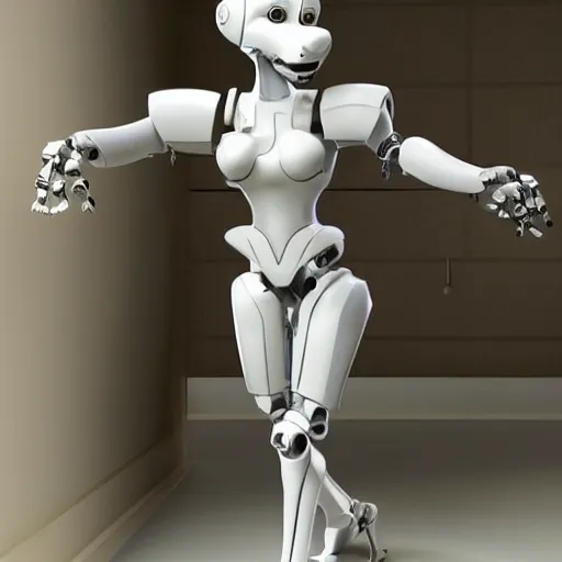 Prompt: anthropomorphic white female wolf, with a left robot arm