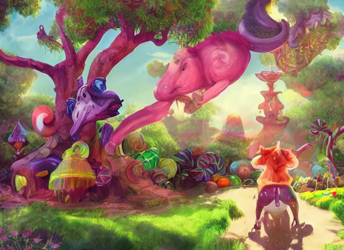 Prompt: riding a gigantic cute creature through a candy-themed fantasy land, dappled lighting, detailed photograph