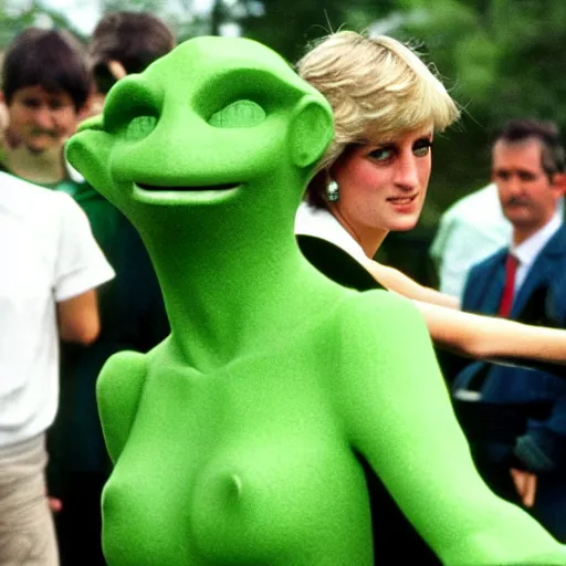 Prompt: princess diana abducted by green aliens in a ufo