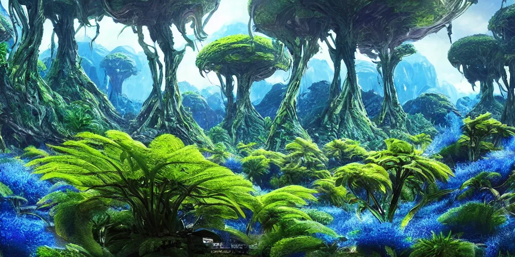 Prompt: a beautiful alien landscape with alien nature, deadly alien plants, colorful, vegetation, trees, blue atmosphere, wide angle, super highly detailed, professional digital painting, artstation, concept art, smooth, sharp focus, no blur, no dof, extreme illustration, Unreal Engine 5, Photorealism, HD quality, 8k resolution, cinema 4d, 3D, beautiful, cinematic, art by ross tan