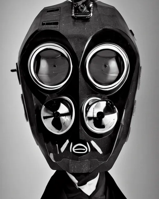 Image similar to Eddie Mendoza portraits of a anthropomorphic-robot cyber-face techno mask in black tie suit retro photo by Louis Daguerre