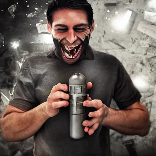 Image similar to a dead body, a man standing next to it smiling and holding a mini nuclear bomb, hyper realistic, very detailed.