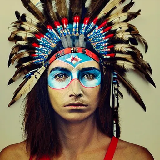 Image similar to a beautiful portrait sculpture designed by Sandra Chevrier, native american headdress, American stars and stripes on face, by Annie Leibovitz