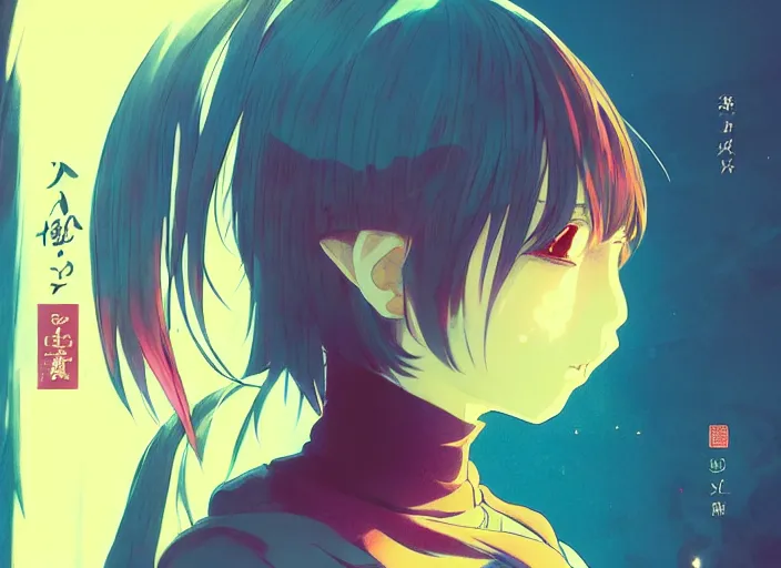 Image similar to yoh yoshinari editorial illustration colorful anime portrait of shiina ringo, murata range, manga, ilya kuvshinov, fine texture, detailed, matte colors, perfect anime face, cinematic dramatic lighting, film grain, dynamic composition, moody, vivid, volumetric, alphonse mucha, stippled lighting