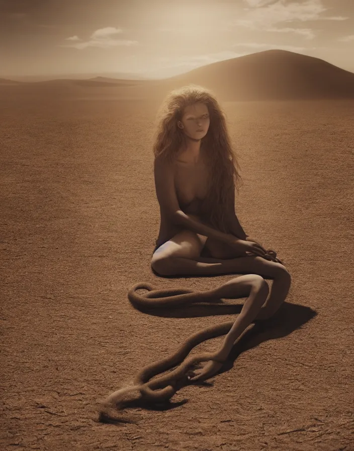 Prompt: realistic photo of Medusa like a beautiful woman in style of Peter Lindbergh, sitting in the middle of a desert, volumetric light, cinematic color lighting