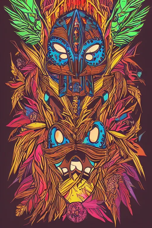 Image similar to animal mask totem roots flower tribal feather gemstone plant wood rock shaman vodoo video game vector cutout illustration vivid multicolor borderlands comics by josan gonzales and dan mumford radiating a glowing aura