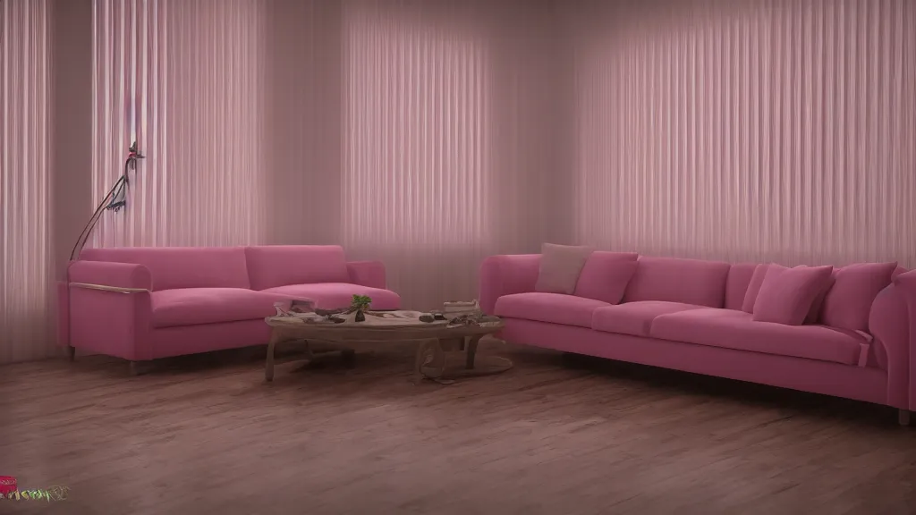 Prompt: pizza party on vintage pink velour sofa, group, medium shot, white walls, daytime, soft light through blinds, particles, unreal 5, detailed, volumetric lighting, concept art, michelangelo, cinematic, 3 5 mm lens, f 2. 8, 4 k