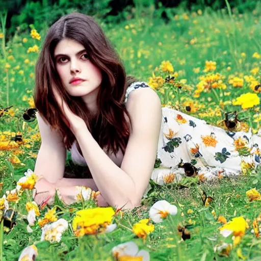 Image similar to alexandra daddario laying in a field of flowers, with bees all over the flowers
