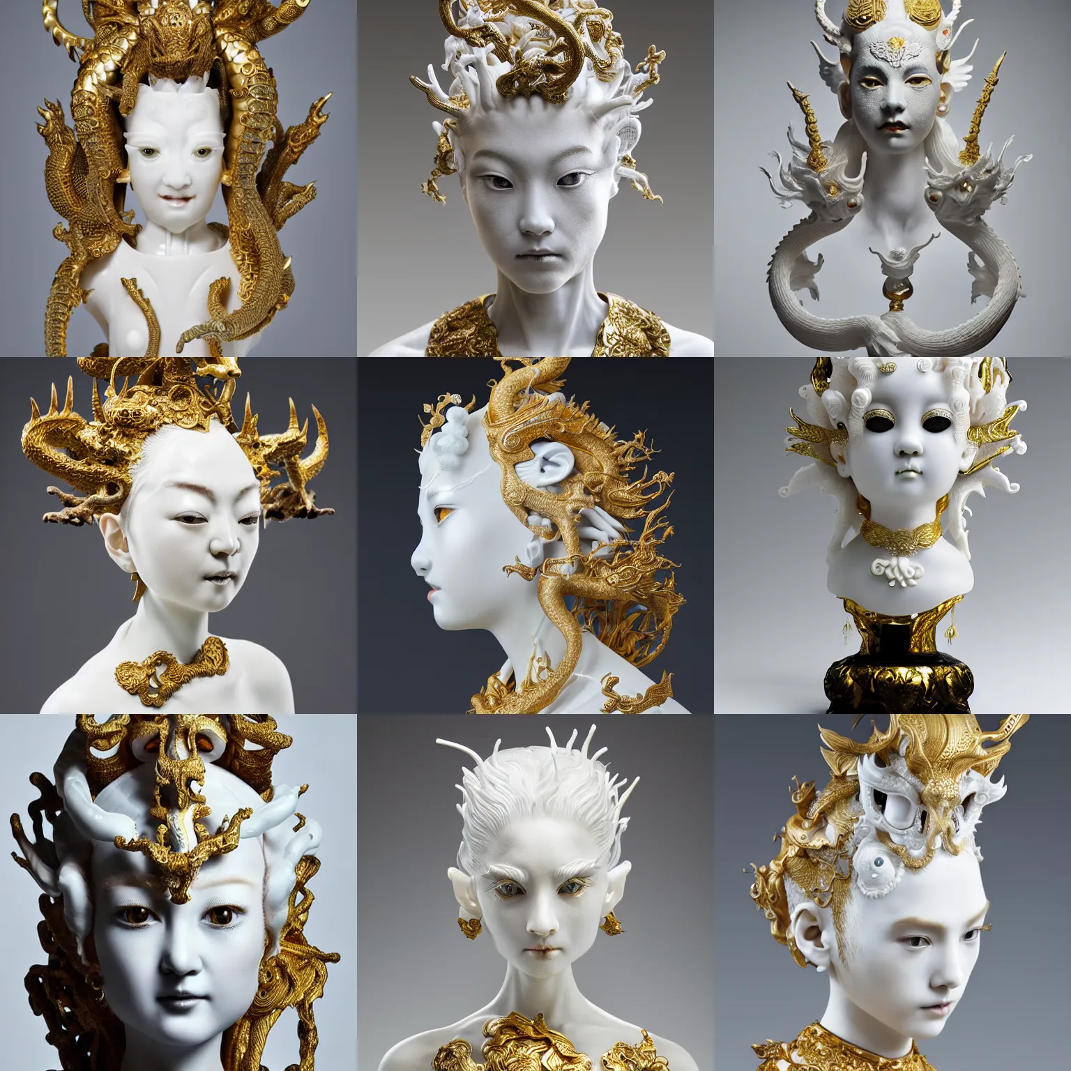 Prompt: full head and shoulders, beautiful female white, porcelain sculpture, with lots of ornate gold leaf 3 d chinese dragons attached to head by yoshitaka amano and daniel arsham, on a white background, delicate facial features, white eyes, white lashes