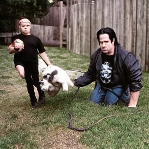 Image similar to glenn danzig stealing puppies from a backyard,