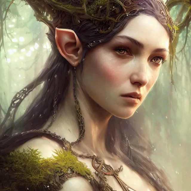 Image similar to close up portrait of a beautiful female elven warrior, magical forest background fantasy atmosphere. art by greg rutkowski. highly detailed, intricate, lifelike. sci - fi, fantasy, magical, nikon d 8 5 0.