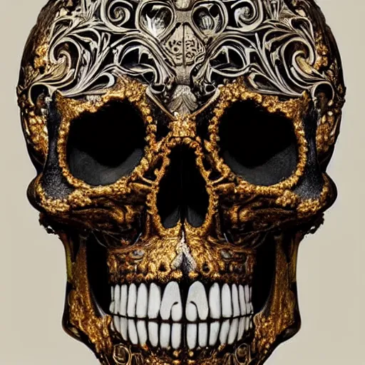 Prompt: a beautiful photo of a ornate and intricate rococo skull