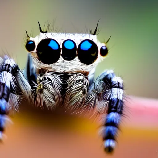Prompt: a cute jumping spider, by pixar, macro lens, iridescent