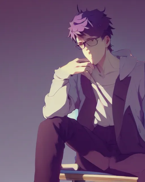 Prompt: a handsome man wearing fashionable street attire, sitting down casually, square masculine facial features, short messy hair, intimidating appearance, 3 d octane render, unreal engine 5, ultra high detail, cel shaded, trending on pixiv fanbox, by greg rutkowski makoto shinkai takashi takeuchi studio ghibli, akihiko yoshida