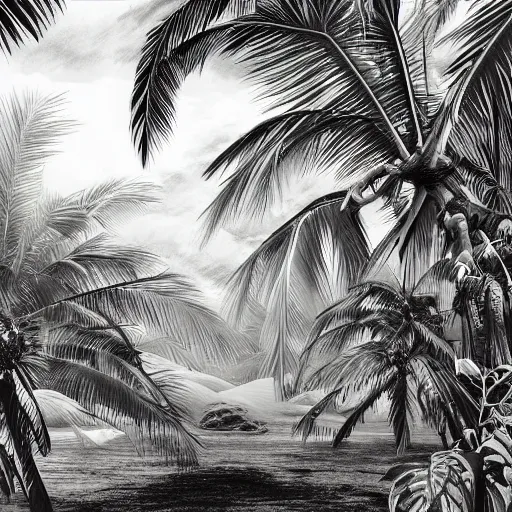 Image similar to tropical island, 8 k, high resolution, detailed charcoal drawing, beautiful hd, art nouveau, concept art, colourful artwork, in the style of axel aabrink