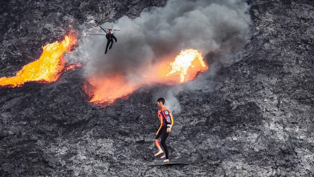 Image similar to person wearing a sponsored team jersey with logos jumping out of a helicopter with a surfboard into a volcano, action shot, dystopian, thick black smoke and fire, sharp focus