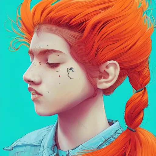 Image similar to portrait painting of a teenage girl with swept back wild orange hair, fashionable, windy, face paint, sharp focus, award - winning, trending on artstation, masterpiece, highly detailed, intricate. art by josan gonzales and moebius and deathburger