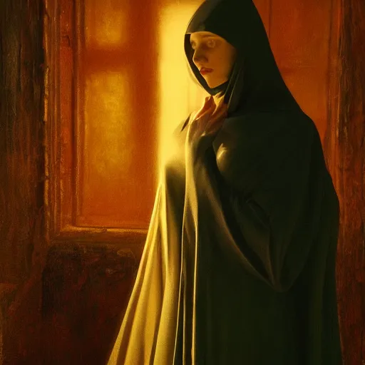 Image similar to a portrait of a young woman wearing a long dark cloak, hood and shadows covering face, holding golden chains, oil painting, Volumetric Golden dappled dynamic lighting, Highly Detailed, Cinematic Lighting, Unreal Engine, 8k, HD, by Beksinski