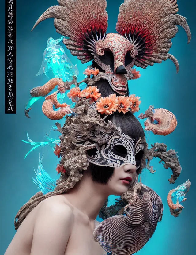 Image similar to 3 d goddess bottom - up with ram skull. beautiful intricately detailed japanese crow kitsune mask and clasical japanese kimono. betta fish, jellyfish phoenix, bio luminescent, plasma, ice, water, wind, creature, artwork by tooth wu and wlop and beeple and greg rutkowski