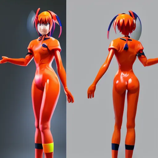 Prompt: full body 3d render of Asuka from Neon Genesis Evangelion, studio lighting, white background, blender, trending on artstation, 8k, highly detailed, disney pixar 3D style