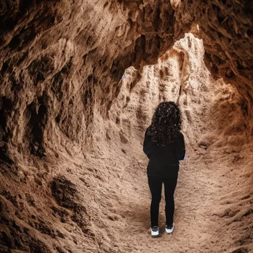 Prompt: back view of a curly long haired woman wearing grey hoodie discovering a red dragon in a cave