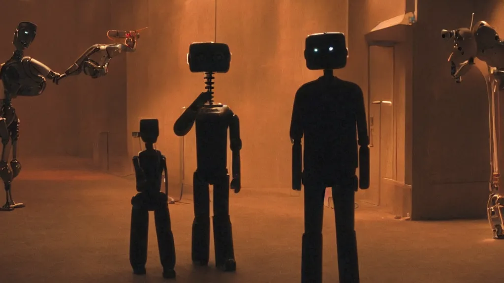 Image similar to movie scene of a man and a robot having a moment of jealousy, movie still, cinematic composition, cinematic light, by david lynch and gaspar noe