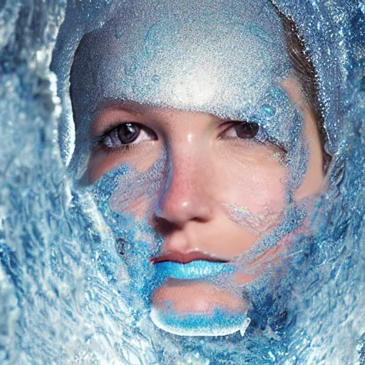 Image similar to futuristic female soldier eyes closed partly submerged in highly viscous clear fluid, frost particles, ice needles, cold blue light, complex hyperdetailed technical suit. white hair flowing. reflection. rays and dispersion of light. volumetric light. 5 0 mm, f / 3 2. noise film photo. ultra realistic, wide angle. rudolf herczog