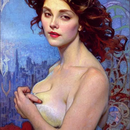 Image similar to photo portrait of a beautiful woman by gil elvgen, greg manchess, mucha