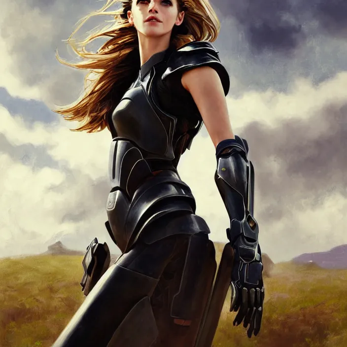 Prompt: portrait of a combination of Ashley Greene, Katheryn Winnick, Victoria Justice, Adriana Dxim, Grace Kelly and Emma Watson wearing Interceptor's armor from Anthem, countryside, calm, fantasy character portrait, dynamic pose, above view, sunny day, thunder clouds in the sky, artwork by Jeremy Lipkin and Giuseppe Dangelico Pino and Michael Garmash and Rob Rey and Greg Manchess and Huang Guangjian, very coherent asymmetrical artwork, sharp edges, perfect face, simple form, 100mm