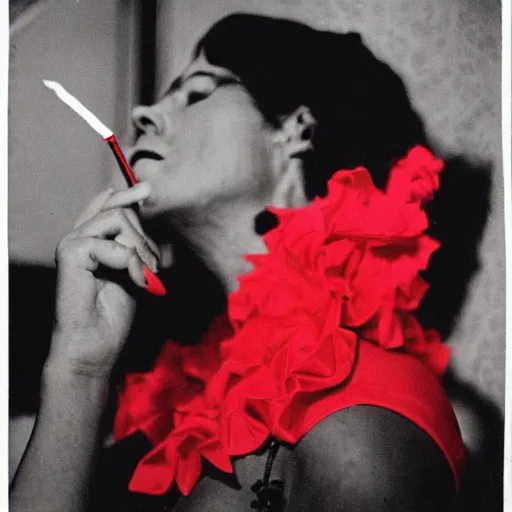 Prompt: a black and white photograph of a woman smoking wearing a red party dress, red color splash, 3 5 mm