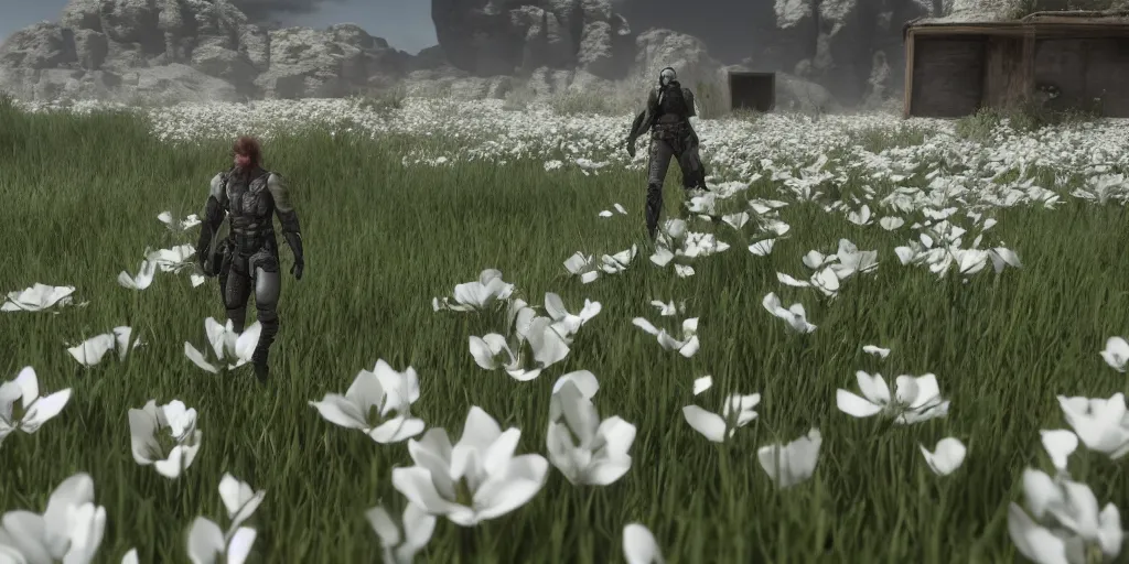 Prompt: Snake from metal gear solid standing in a field of white flowers, unreal engine 5, hyperdetailed, cinematic