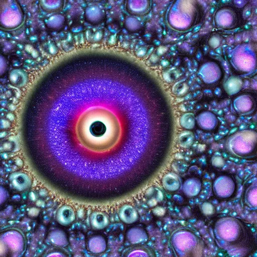 Prompt: an eyeball that contains multiple galaxies within the pupil, surrounded by a sea of iridescent pearls, in a dreamlike atmosphere, beautiful, dazzling, ultra hd 4k fractal intricate high detail render, high quality resolution
