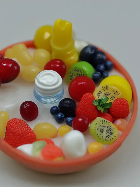 Image similar to 3 5 mm detailed miniature diorama of plastic yogurt bottle filled with fruits