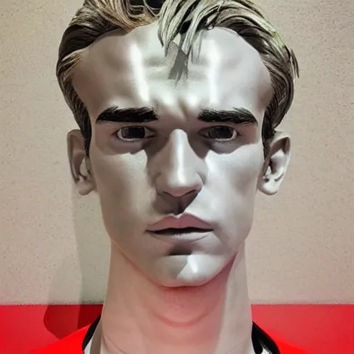 Image similar to “ a realistic detailed photo of a guy who is an attractive humanoid who is half robot and half humanoid, who is a male android, soccer player antoine griezmann, shiny skin, posing like a statue, blank stare, at the museum, on display ”