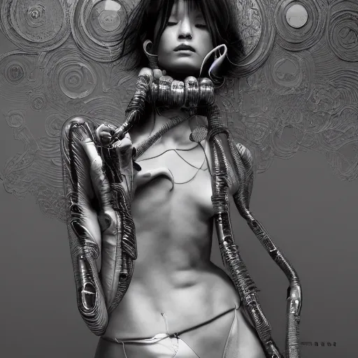 Image similar to the portrait of an absurdly beautiful, graceful, sophisticated, fashionable cyberpunk gravure idol, an ultrafine hyperdetailed illustration by kim jung gi, irakli nadar, matt wisniewski, fashion photography, intricate linework, iridescent wiring, porcelain skin, unreal engine 5 highly rendered, global illumination, radiant light, detailed and intricate environment