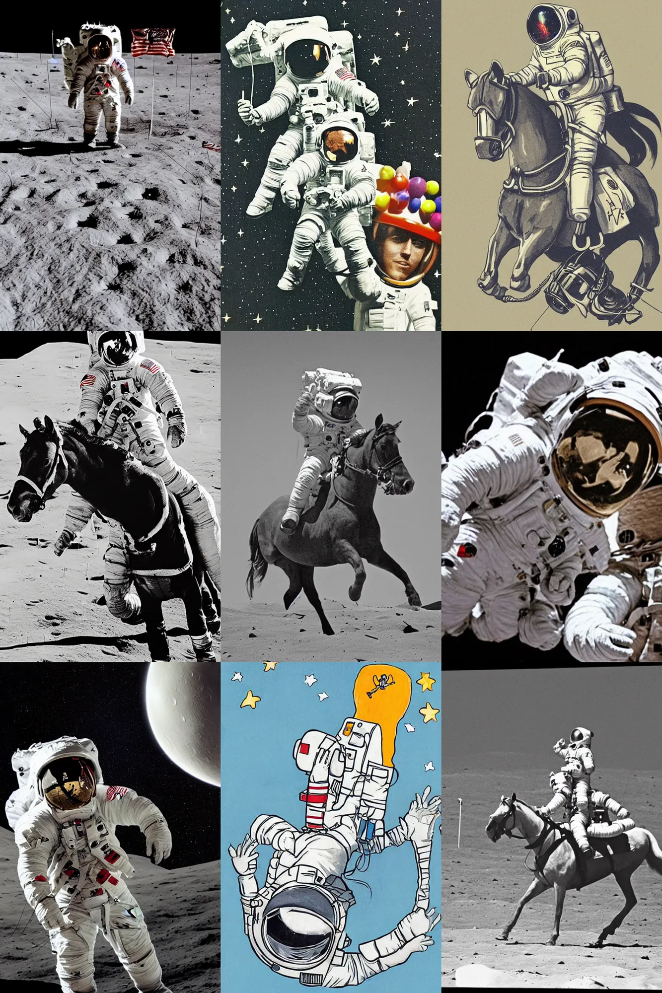 Image similar to astronaut on the moon, on the head of astronaut is a horse, horse on the astronaut, horse on the head,