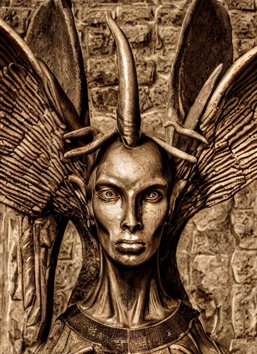 Image similar to closeup portrait of baphomet in the cloisters, depth of field, zeiss lens, detailed, symmetrical, centered, fashion photoshoot, by Annie Leibovitz and Steve McCurry, David Lazar, Jimmy Nelsson, Breathtaking, 8k resolution, extremely detailed, beautiful, establishing shot, artistic, hyperrealistic, beautiful face, octane render