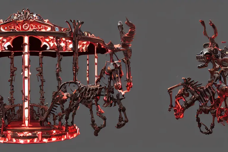 Prompt: 3d sculpt of an evil ironwork carousel made of bones and skulls, artstaton, League of Legends, red dead redemption2, overwatch, digital illustration