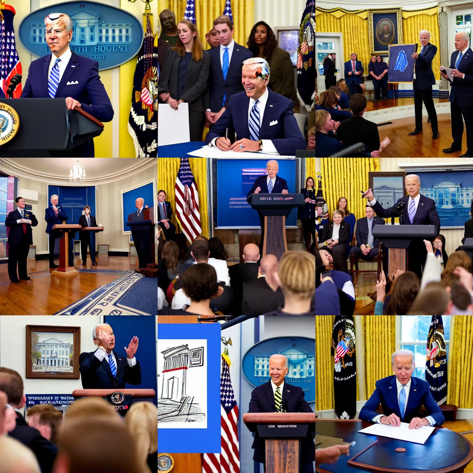 Prompt: joe biden shows his crayon drawings of school to the white house press briefing room