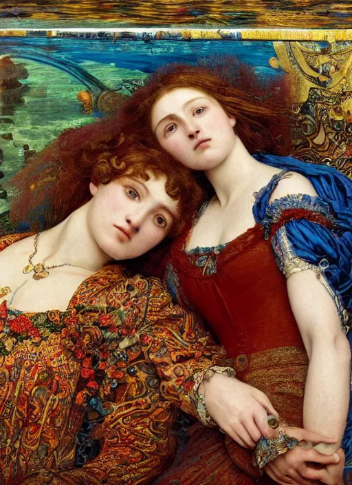 Prompt: detailed colourful masterpiece of intricate preraphaelite art novueau photography couple portrait sat down extreme closeup, love, inside an underwater train, detailed realistic expressions, wearing unusual clothes, by ford madox brown and frederic leighton, ultra wide angle
