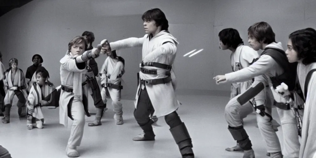 Image similar to A still of Mark Hamill as Jedi Master Luke Skywalker training a group of diverse young Jedi students in a Sci-fi room, in a Star Wars Sequel, 1990, Directed by Steven Spielberg, 35mm