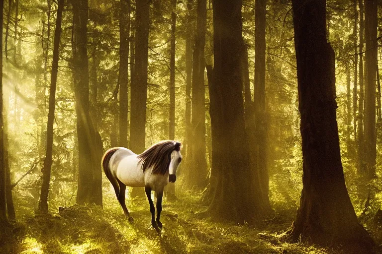 Image similar to beautiful horse in the forest evening natural light by Emmanuel Lubezki