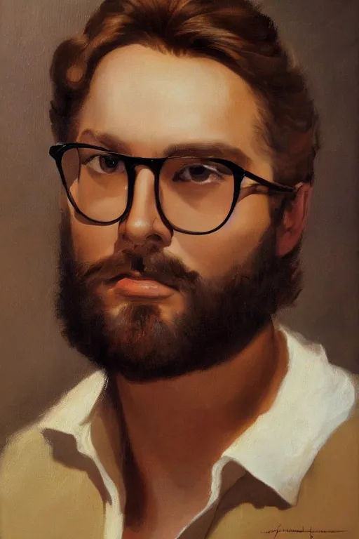 Prompt: portrait of handsome brown-haired bearded man with glasses, by Johanna Martine, Henry Justice Ford, Rolf Armstrong, oil-painted, trending on Artstation,