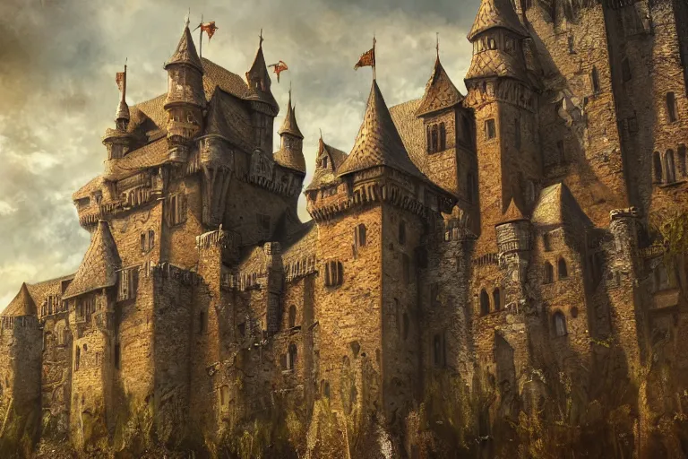 Image similar to A medieval castle, texture, intricate, details, highly detailed, masterpiece, architecture, building, trending on artstation, focus, sharp focus, concept art, digital painting, fantasy, sunny, day, midday