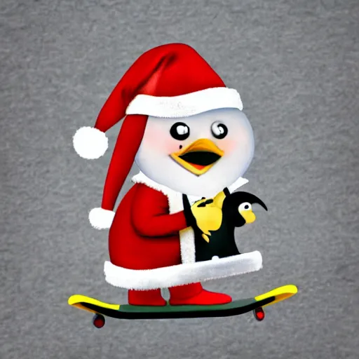 Prompt: penguin in santa hat on skateboard